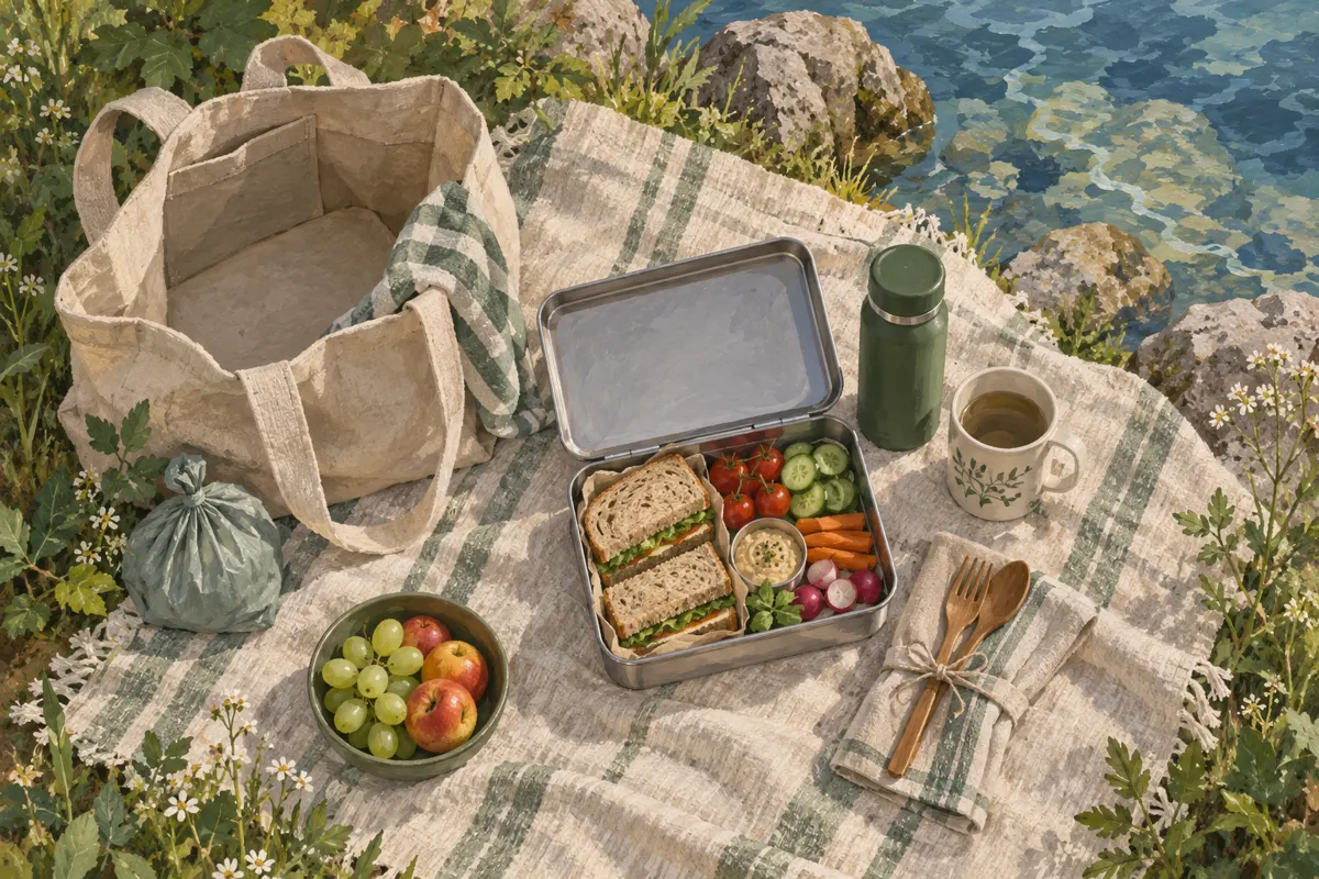 Ilustracja pikniku z domowymi pojemnikami, własnymi kubkami i torbą przygotowaną na rzeczy do zabrania po posiłku.