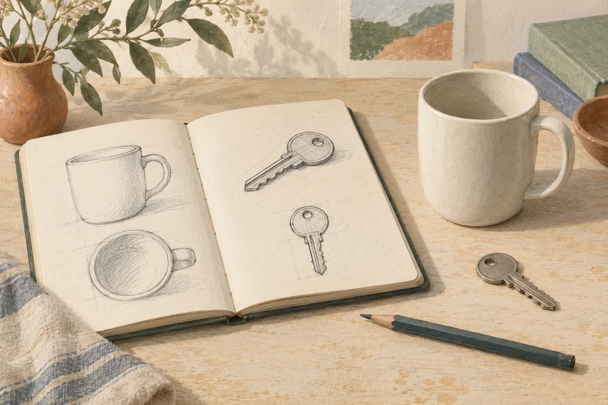 Ilustracja szkicownika z rysunkami kubka i klucza oraz przedmiotami ułożonymi obok.