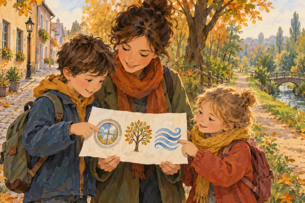 Ilustracja rodziny podczas spaceru z zagadkami o kształtach, drzewach i dźwiękach.